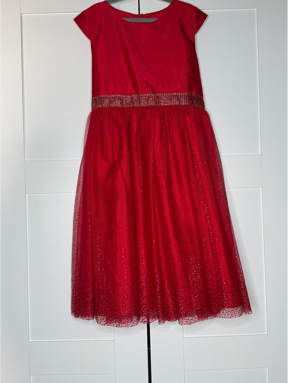 Cherokee Girls Bright Red Sparkly Tulle Party Dress Beaded Waist Size XL 14/16